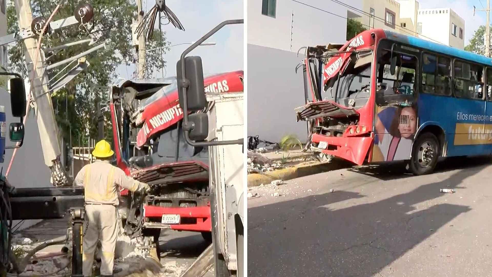 Conductor de Camión se Queda Dormido Impactando con Poste de Luz en Cancún