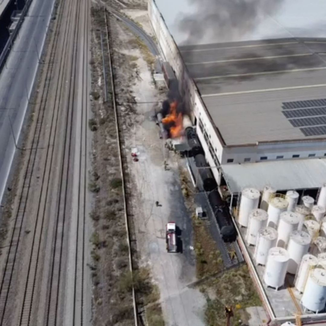 Incendio de pipa en Parque Industrial foto desde el aire