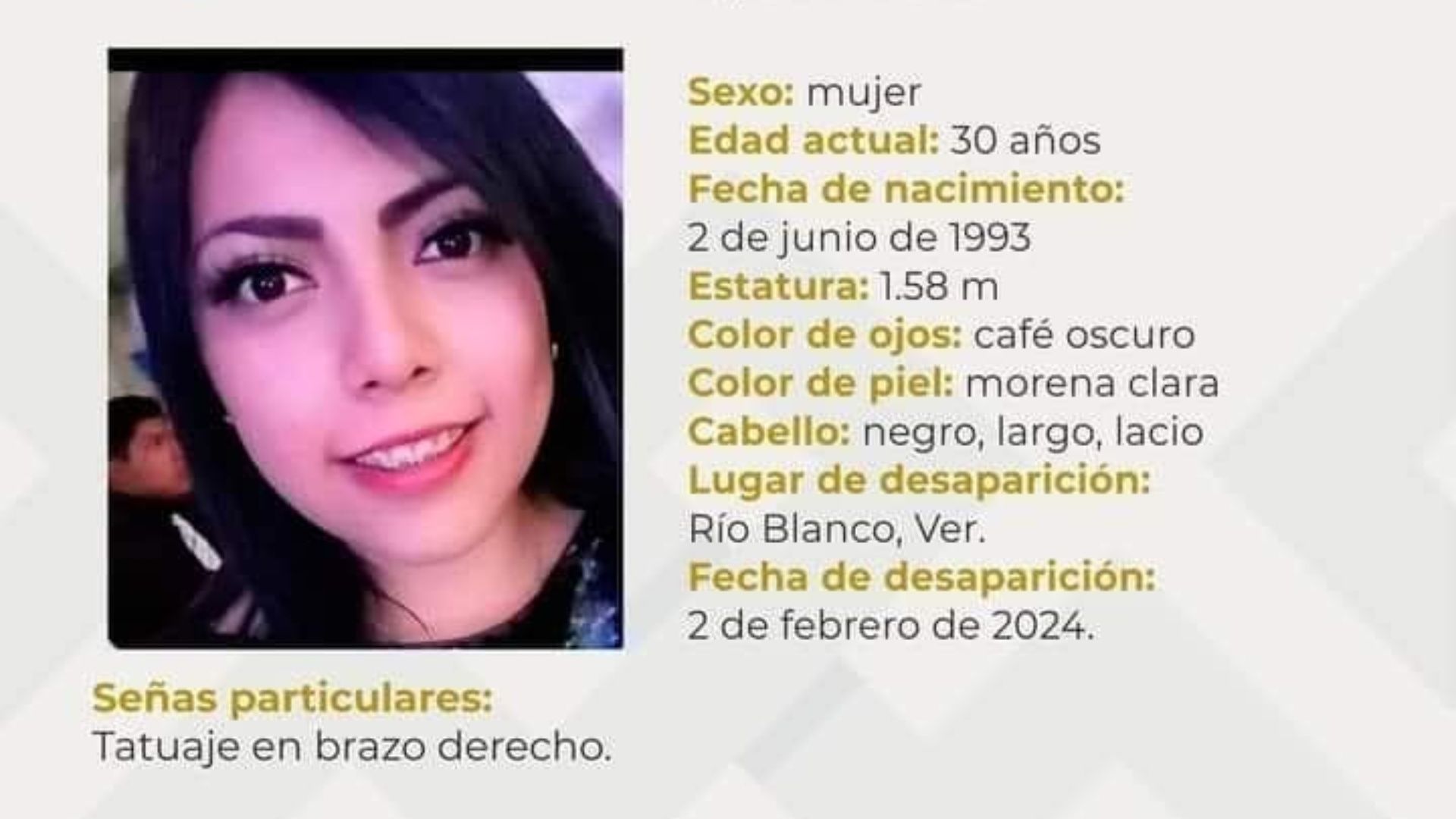 Ficha de búsqueda de Ariadna Guadalupe Cortés Hernández desaparecida en Veracruz