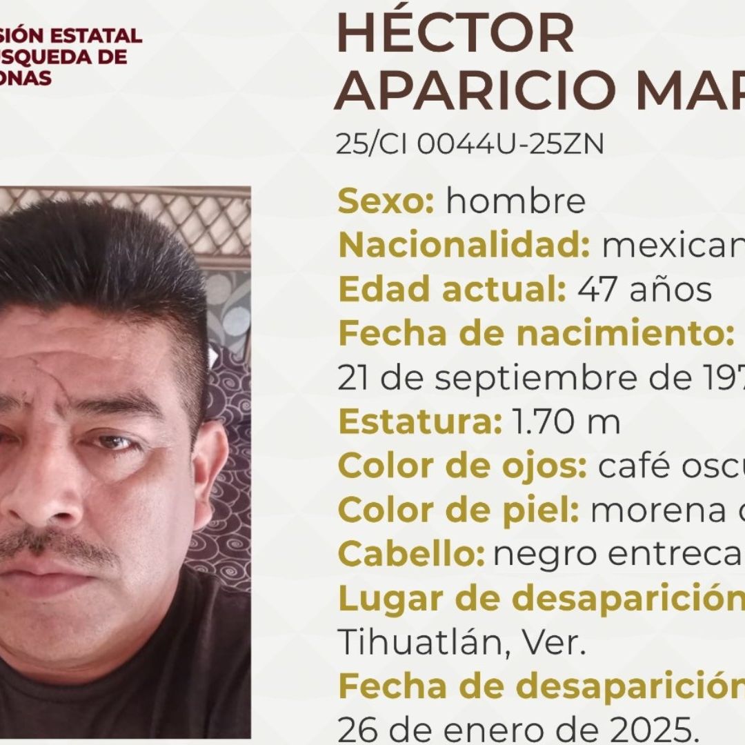 Ficha de búsqueda de Héctor Aparicio Martínez desaparecido en Tihuatlán
