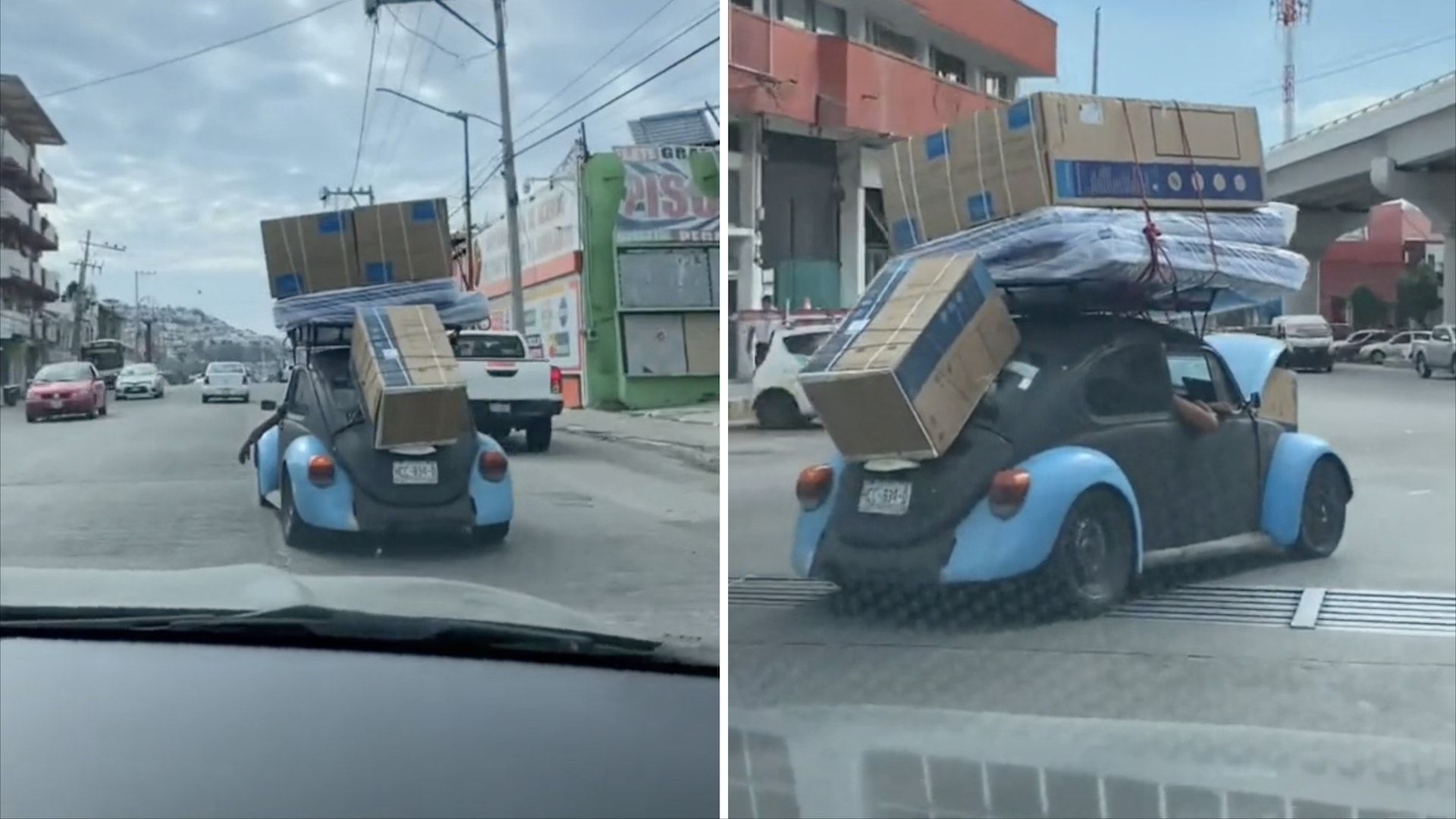 Vocho lleva electrodomésticos de Otis en video viral