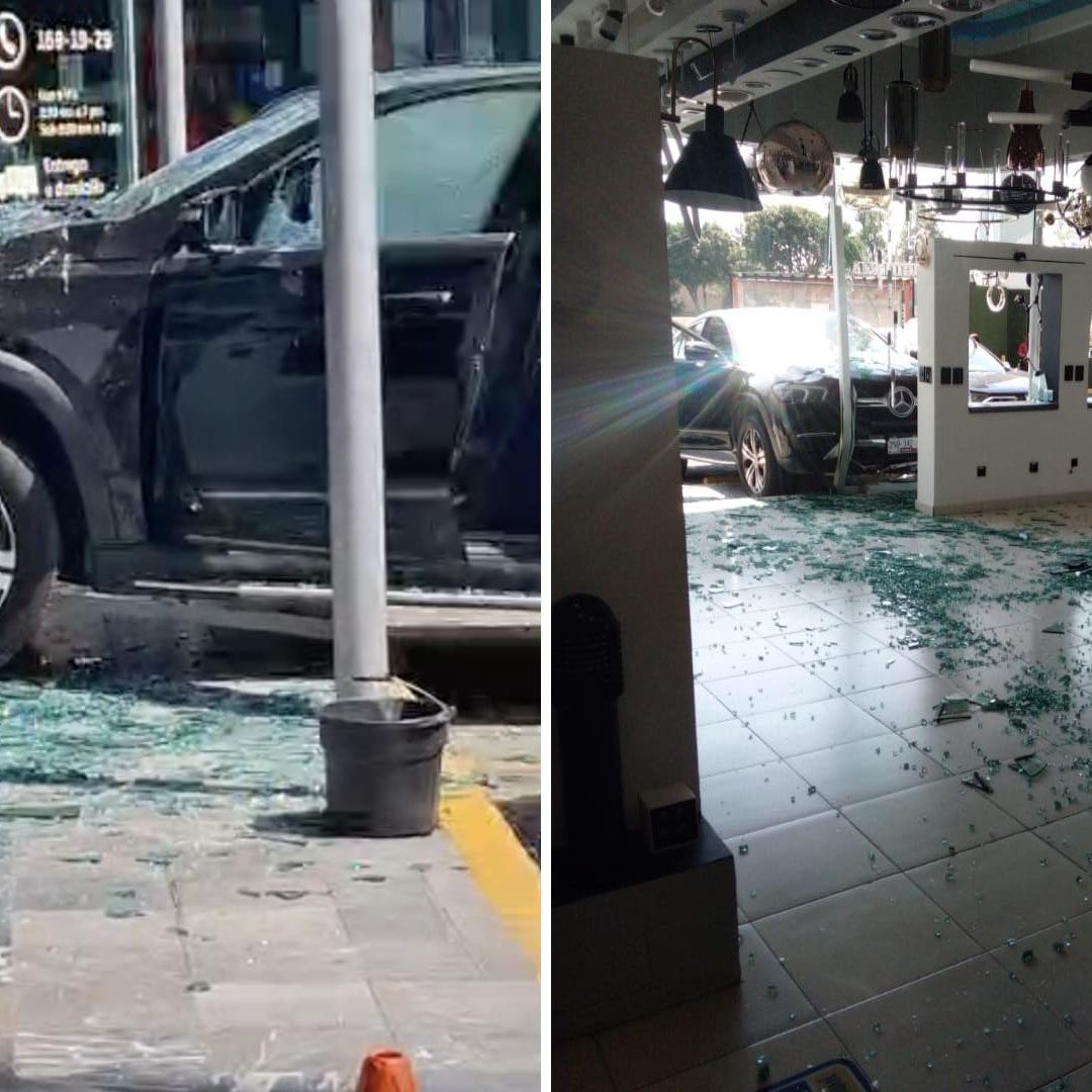 Camioneta Mercedes Benz Termina Adentro de Local en Plaza Santa Fe Punto en Vía Atlixcáyotl, Puebla.