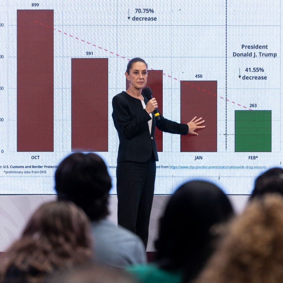 Claudia Sheinbaum muestra una gráfica que expone la reducción de los decomisos de fentanilo