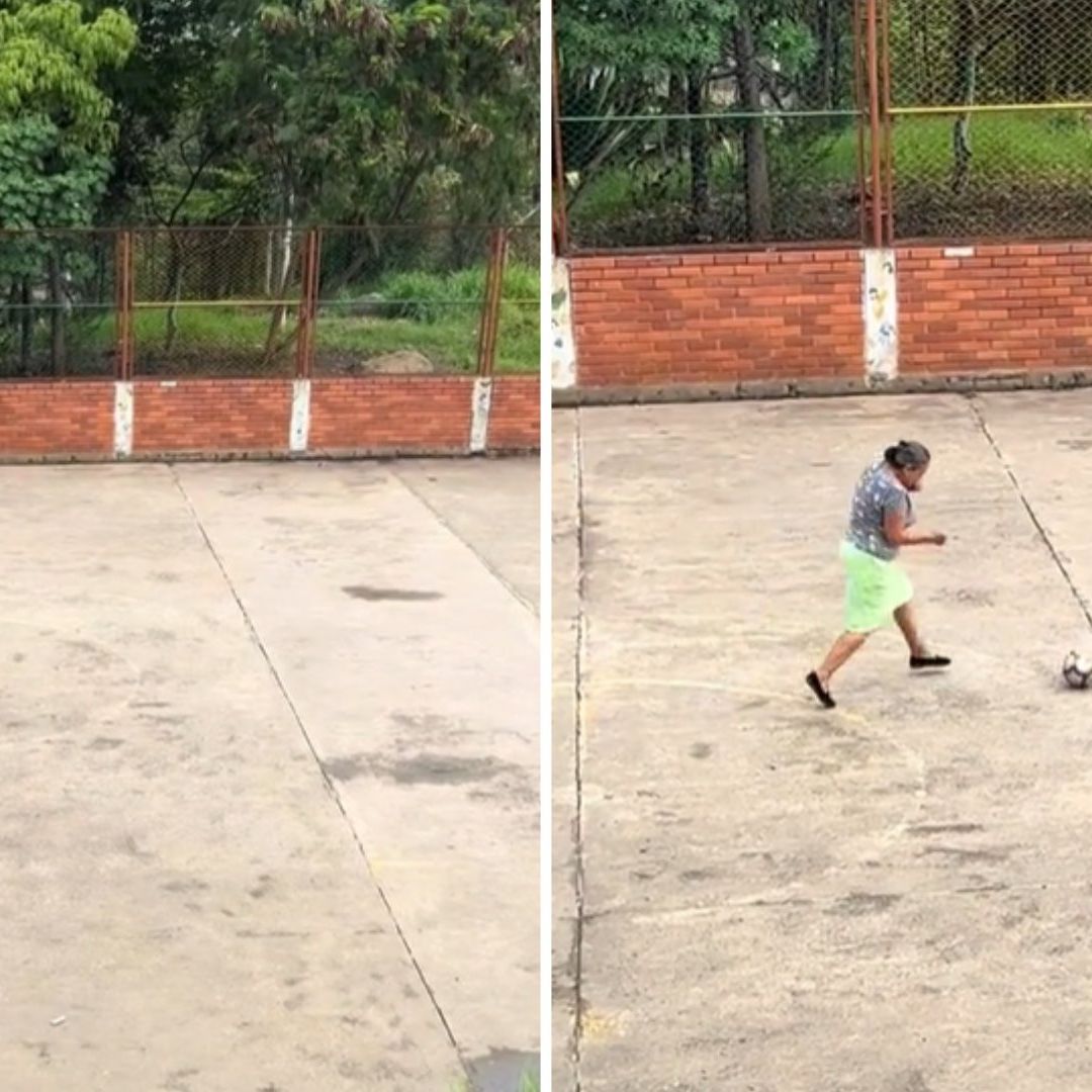 Abuelita conmueve por jugar futbol con nieto