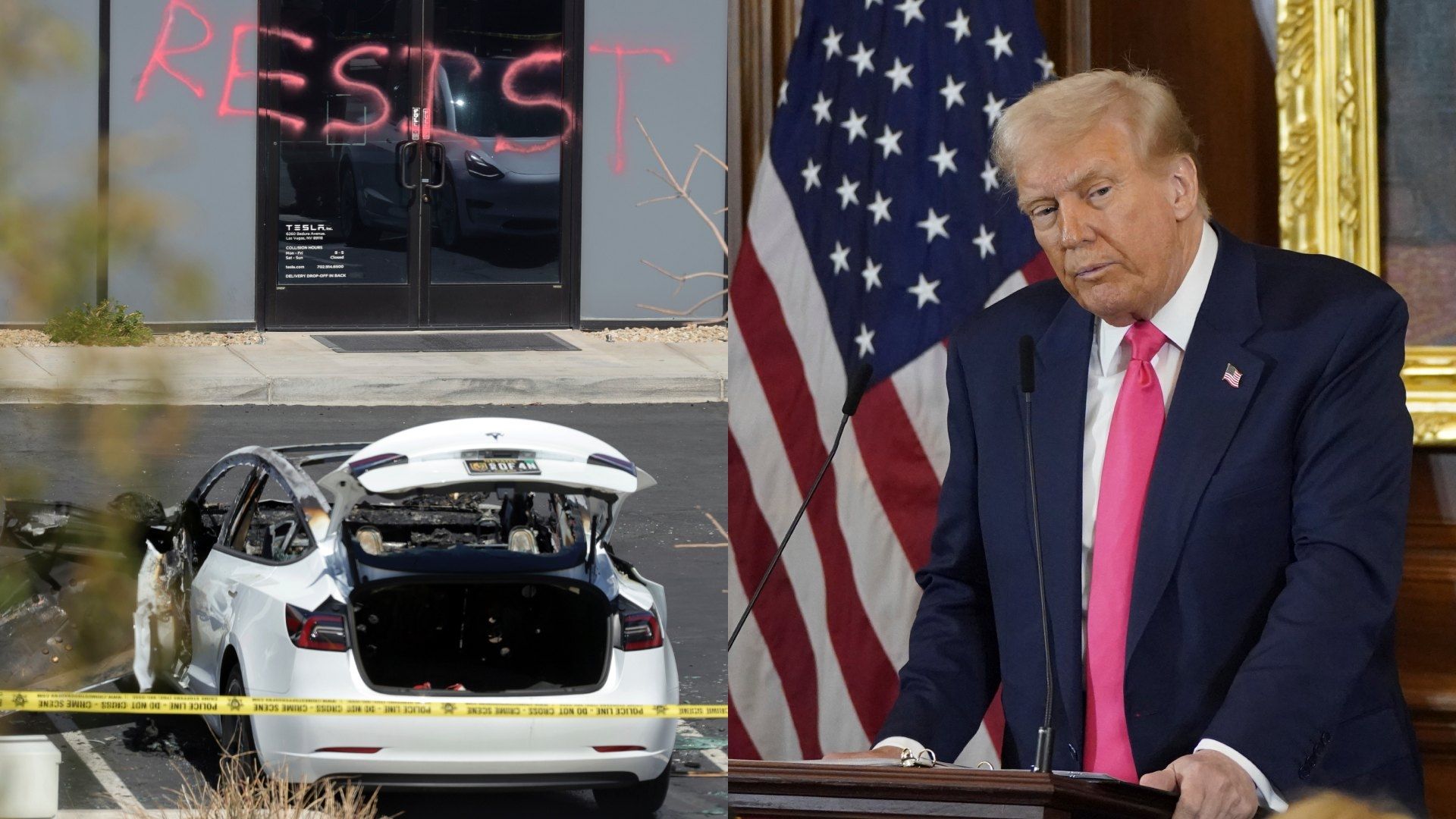 Los ataques a instalaciones de Tesla son realizados por gente con una fuerte motivación política de izquierda, dice Donald Trump.