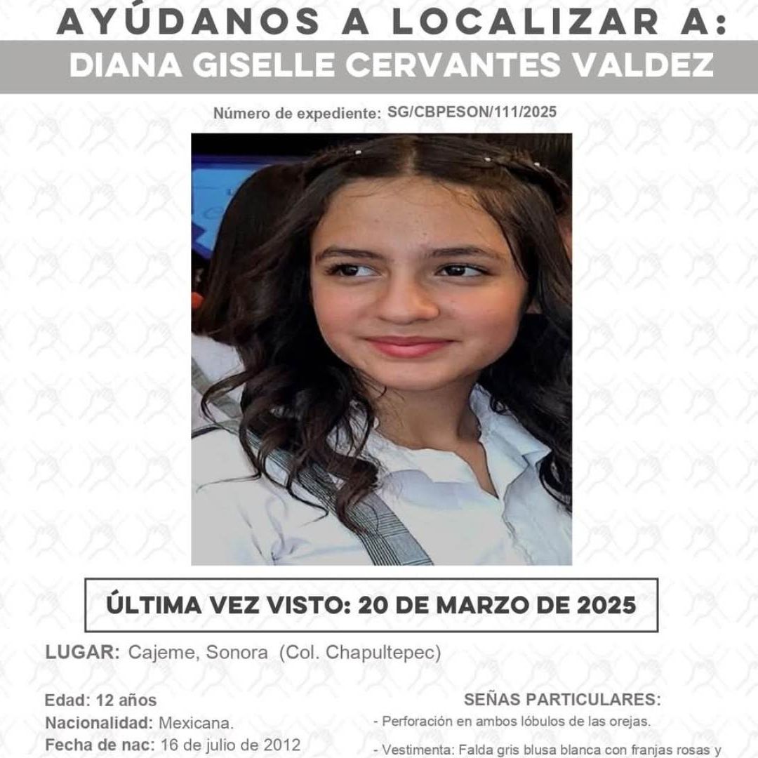 Buscan a Diana Giselle, Estudiante de 12 Años Desaparecida en Cajeme