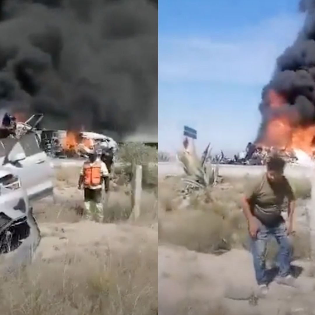 Vehículos incendiándose tras explosión en carretera de Guanajuato. Foto: X  @Denuncia_Potosi