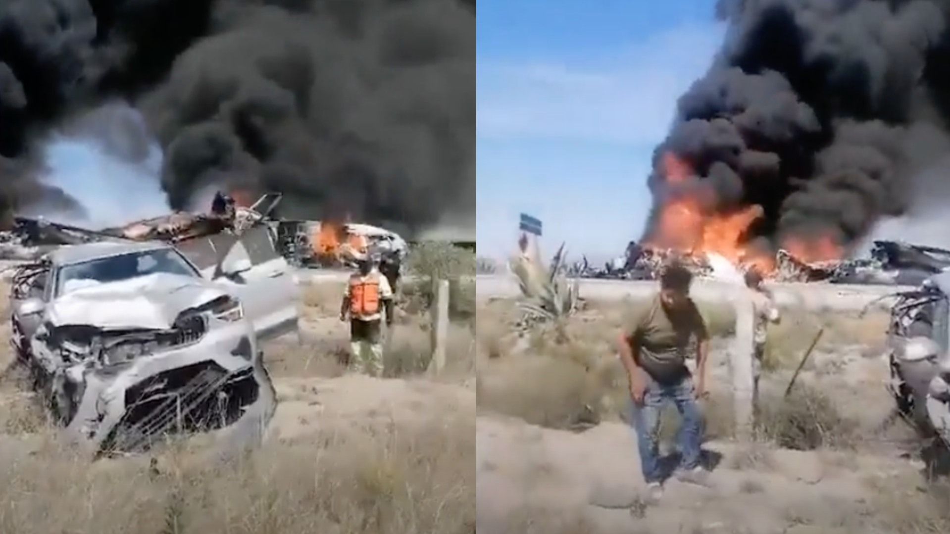 Vehículos incendiándose tras explosión en carretera de Guanajuato. Foto: X @Denuncia_Potosi