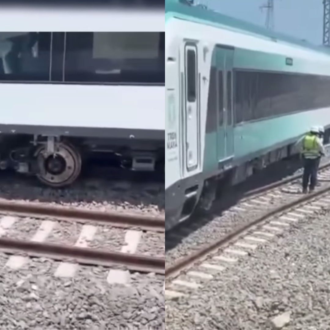 Vagón del Tren Maya fuera de vías cerca de estación en Tixkokob, Yucatán