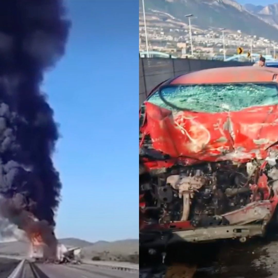 Incendio de tráiler en autopista y accidente vial en Nuevo León