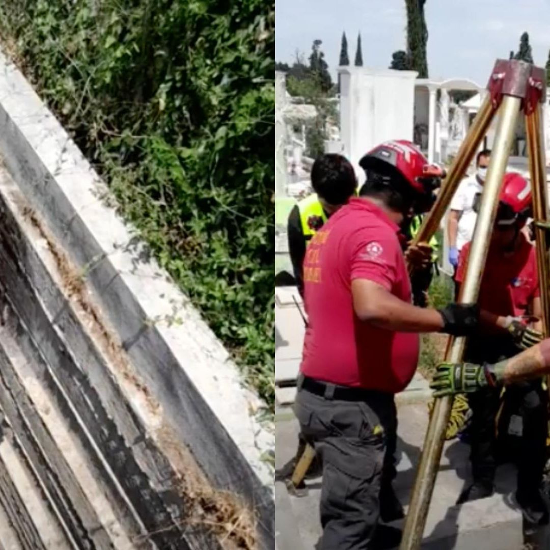 Protección Civil de Nuevo León y Monterrey rescatan a mujer que cayó dentro de tumba en Panteón del Roble