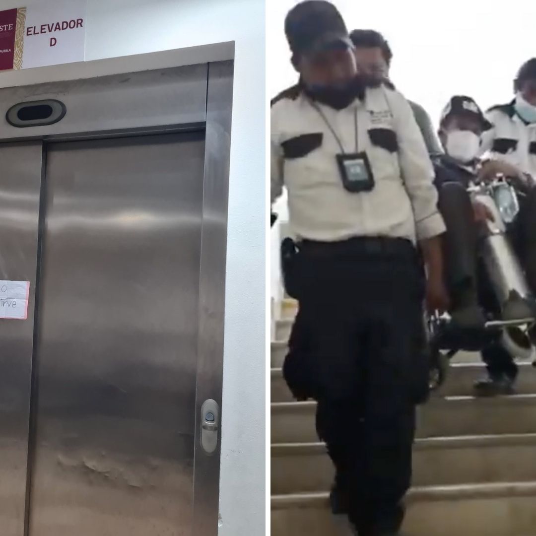 Pacientes son cargados por personal del ISSSTE Puebla porque no sirven los elevadores.