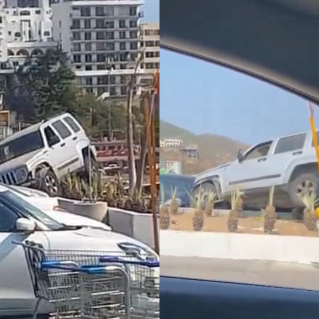 La camioneta perdió el control y se estrelló contra las jardineras del centro comercial.