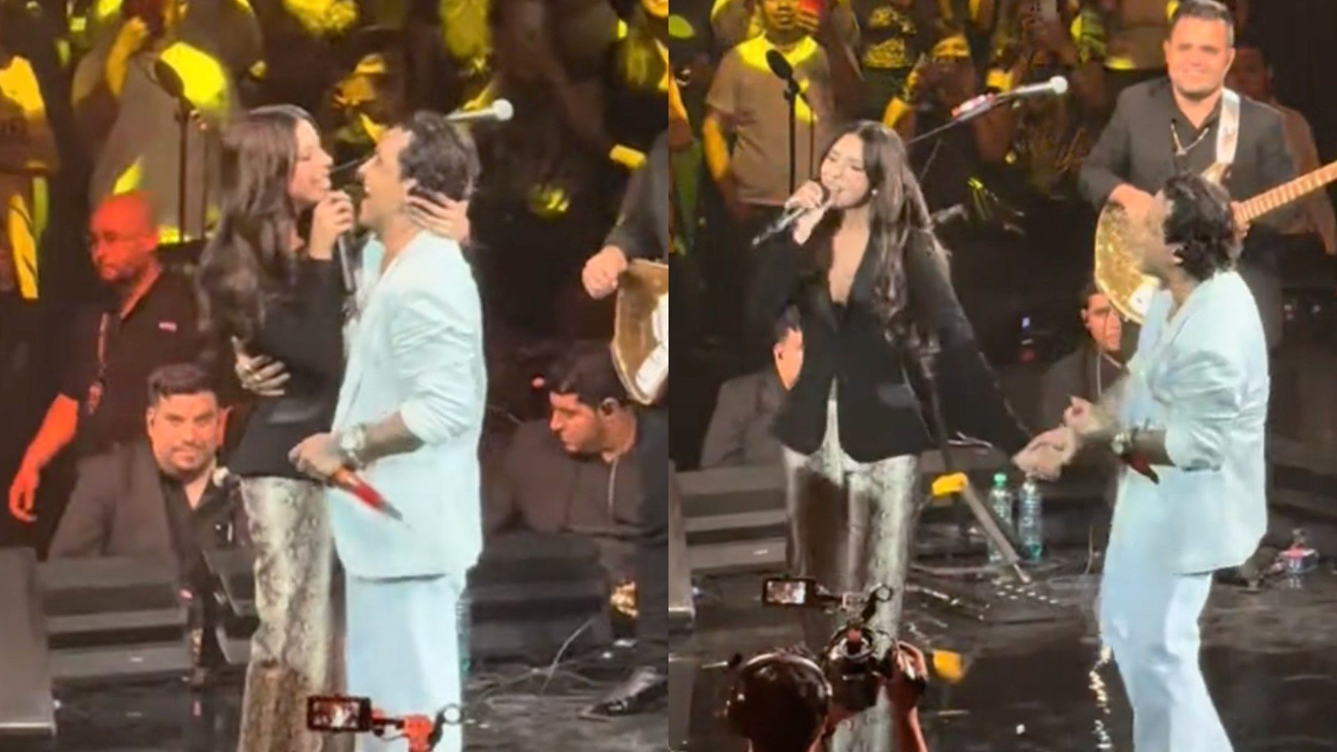 Christian Nodal y Ángela Aguilar cantando juntos en la Arena Monterrey en 2025