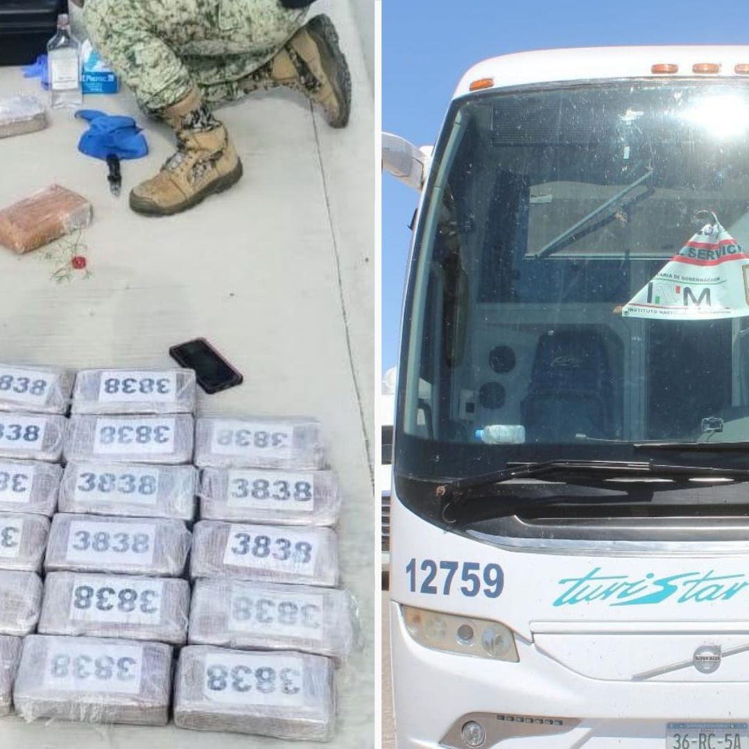 Detectan Droga en Camión de Pasajeros con Logos del INAMI; Hay Dos Detenidos