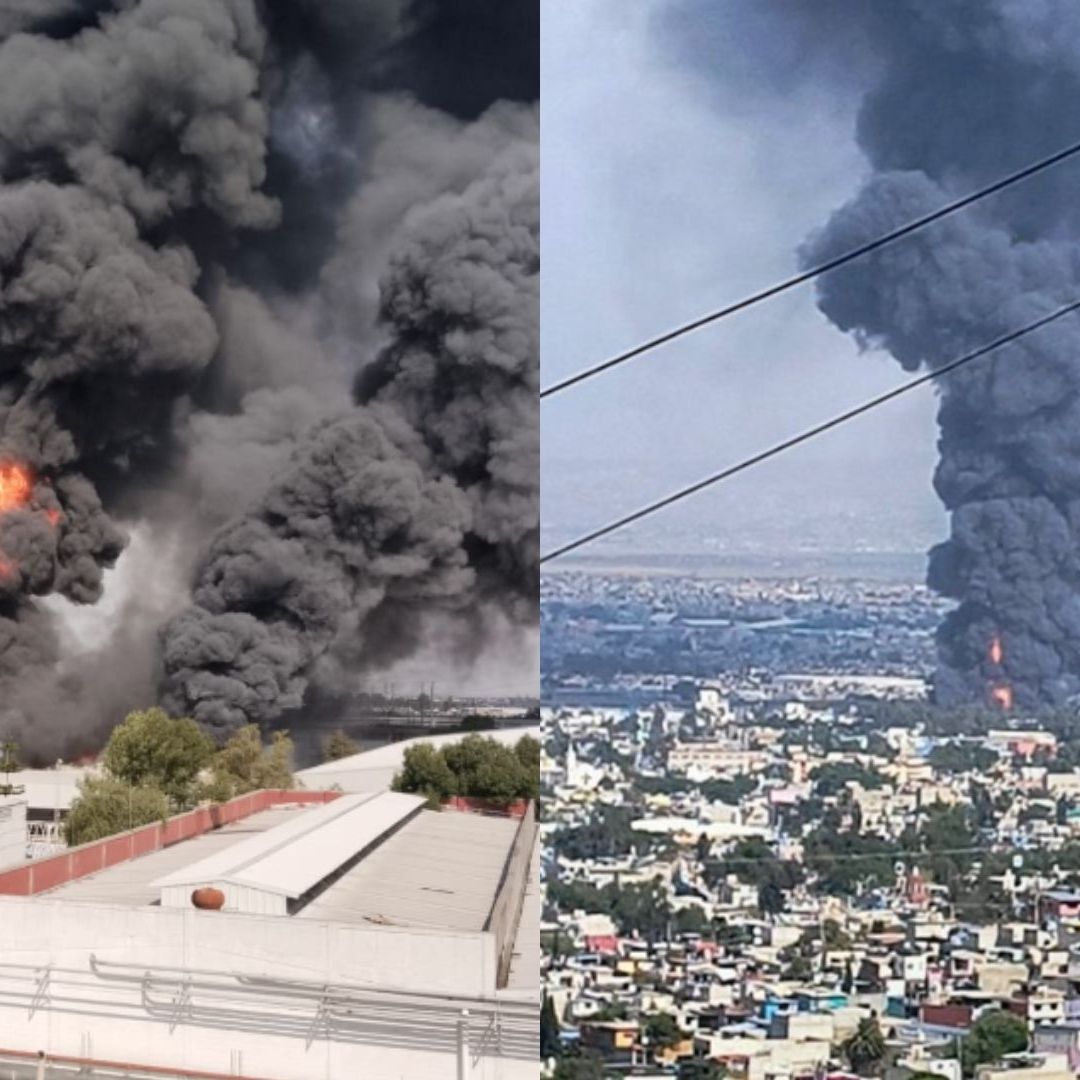 Incendio en fábrica de plásticos ubicada en la colonia el Cardonal Xalostoc, Ecatepec. Fotos: X @vialhermes y N+