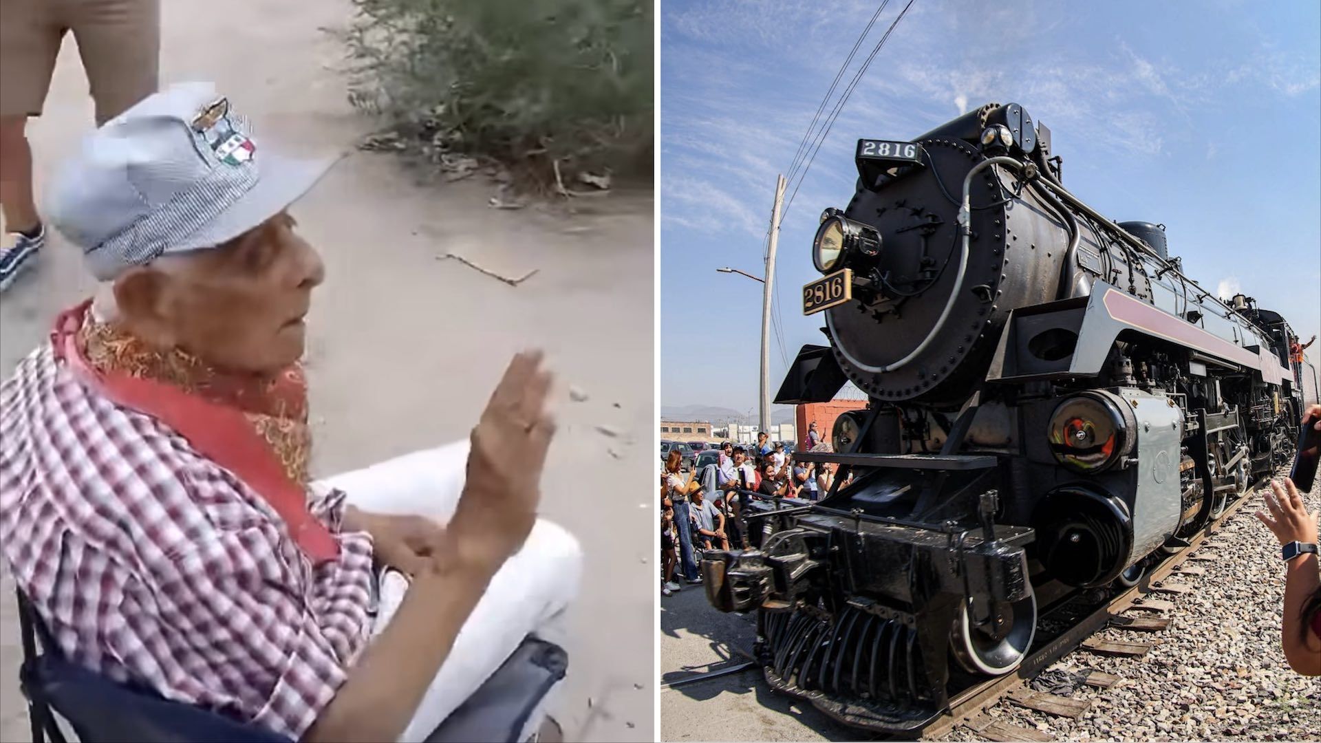 Abuelito sale a saludar a la locomotora La Emperatriz