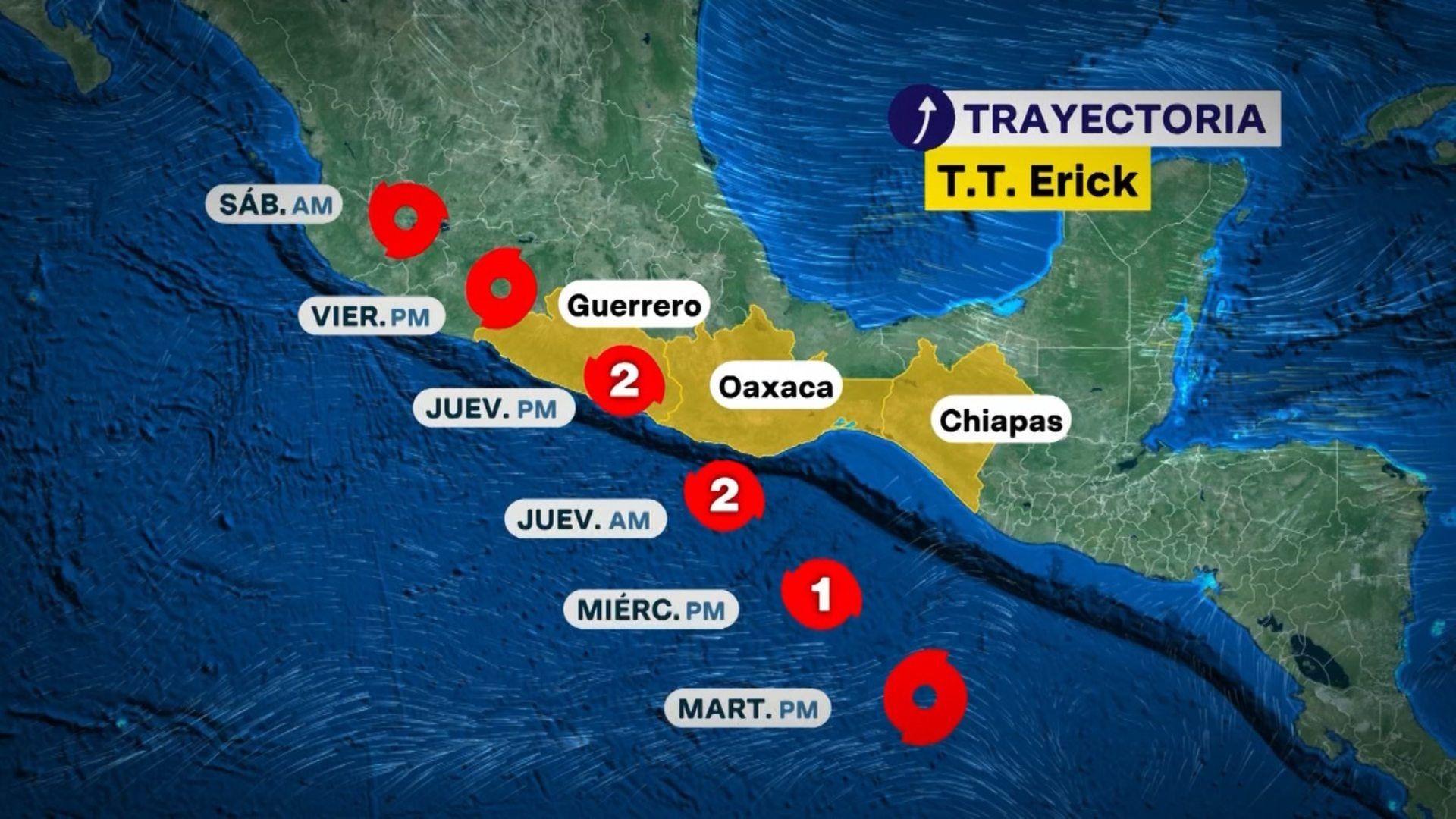 Mapa de la posible trayectoria de Erick, que puede evolucionar a huracán