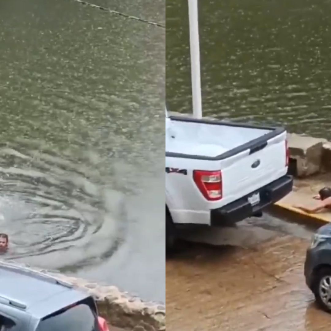 Hombre nada en laguna con cocodrilos en Tabasco