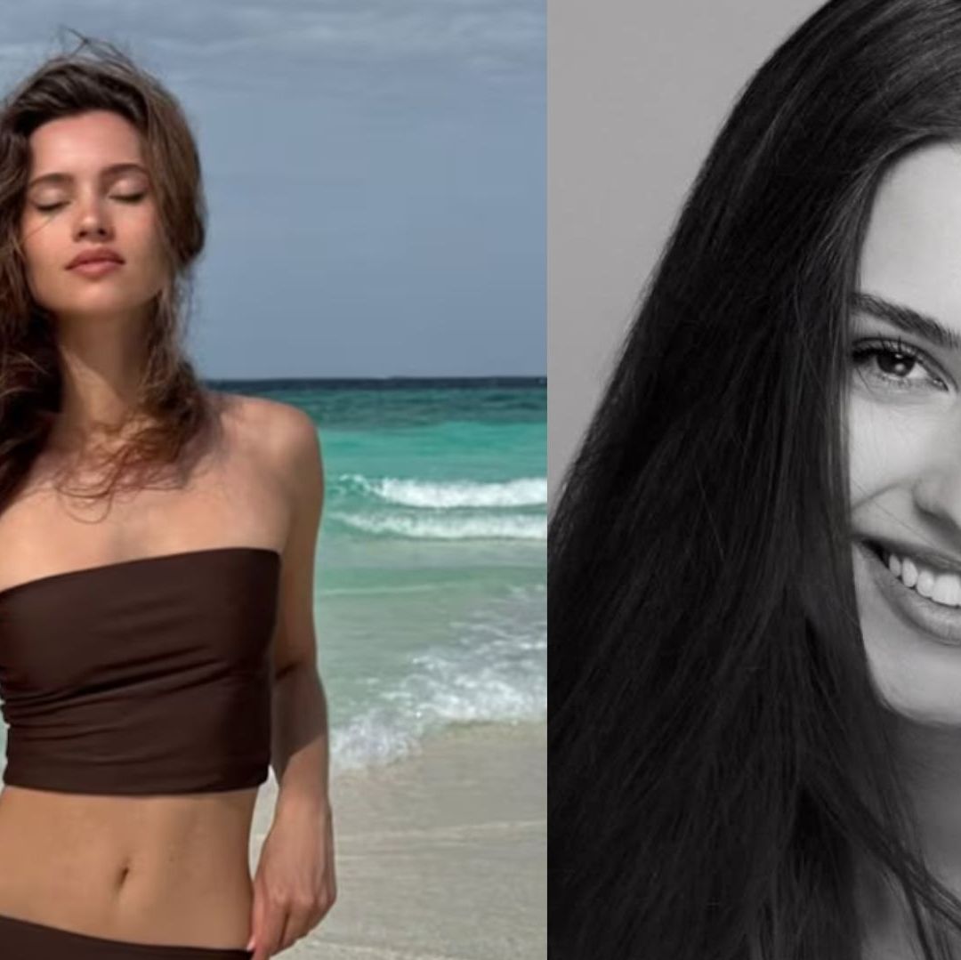 Dos fotos de una joven, quien se encuentra en la playa y en la segunda imagen de color blanco con negro está posando.
