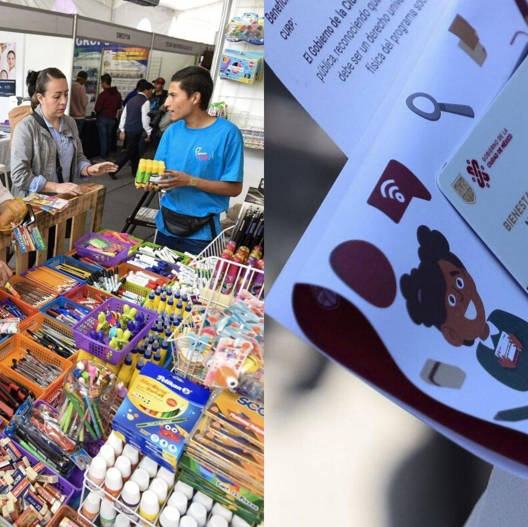 Dos imágenes, de un lado se hay adultos comprando útiles escolares y en la otra foto una mujer sostiene una tarjeta.