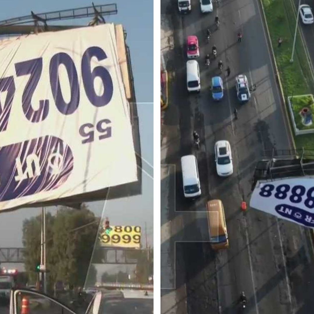 Espectacular a punto de caer en la carretera México-Texcoco