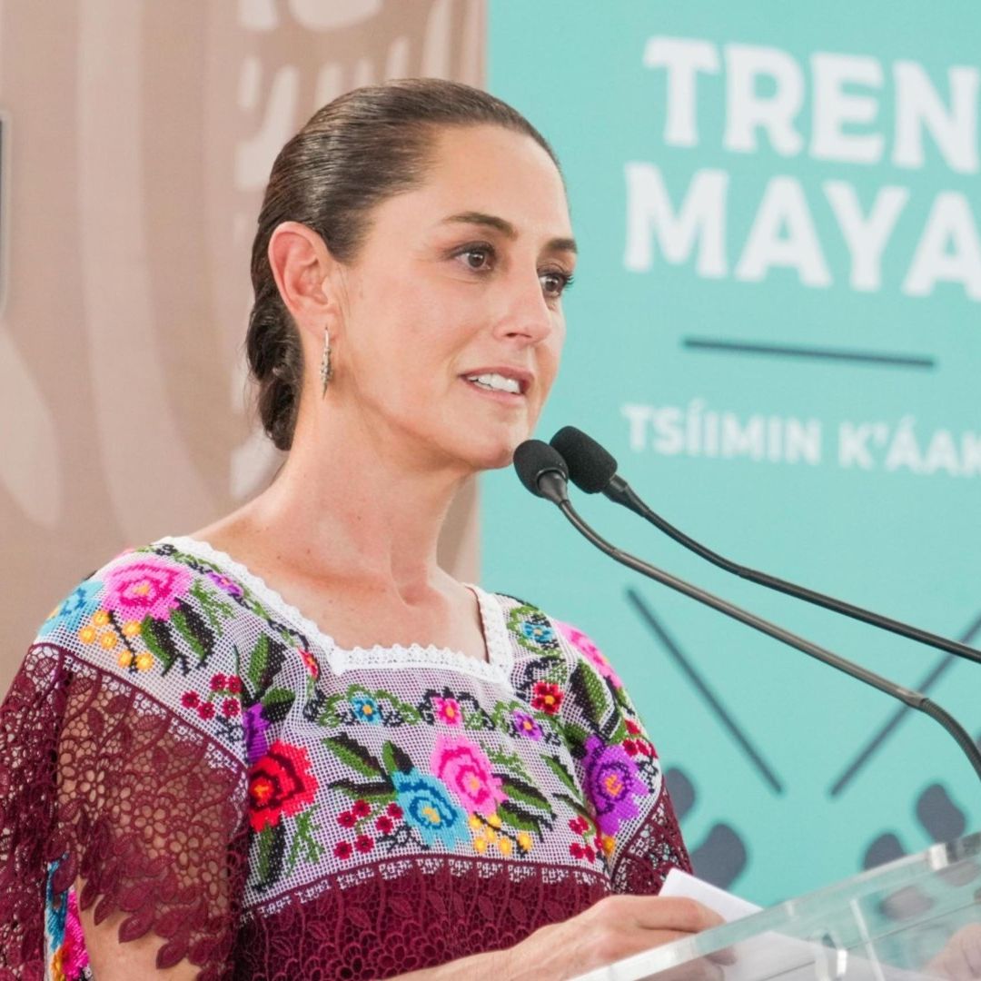 Claudia Sheinbaum durante su visita a la Zona Arqueológica de Ichkabal, en Quintana Roo