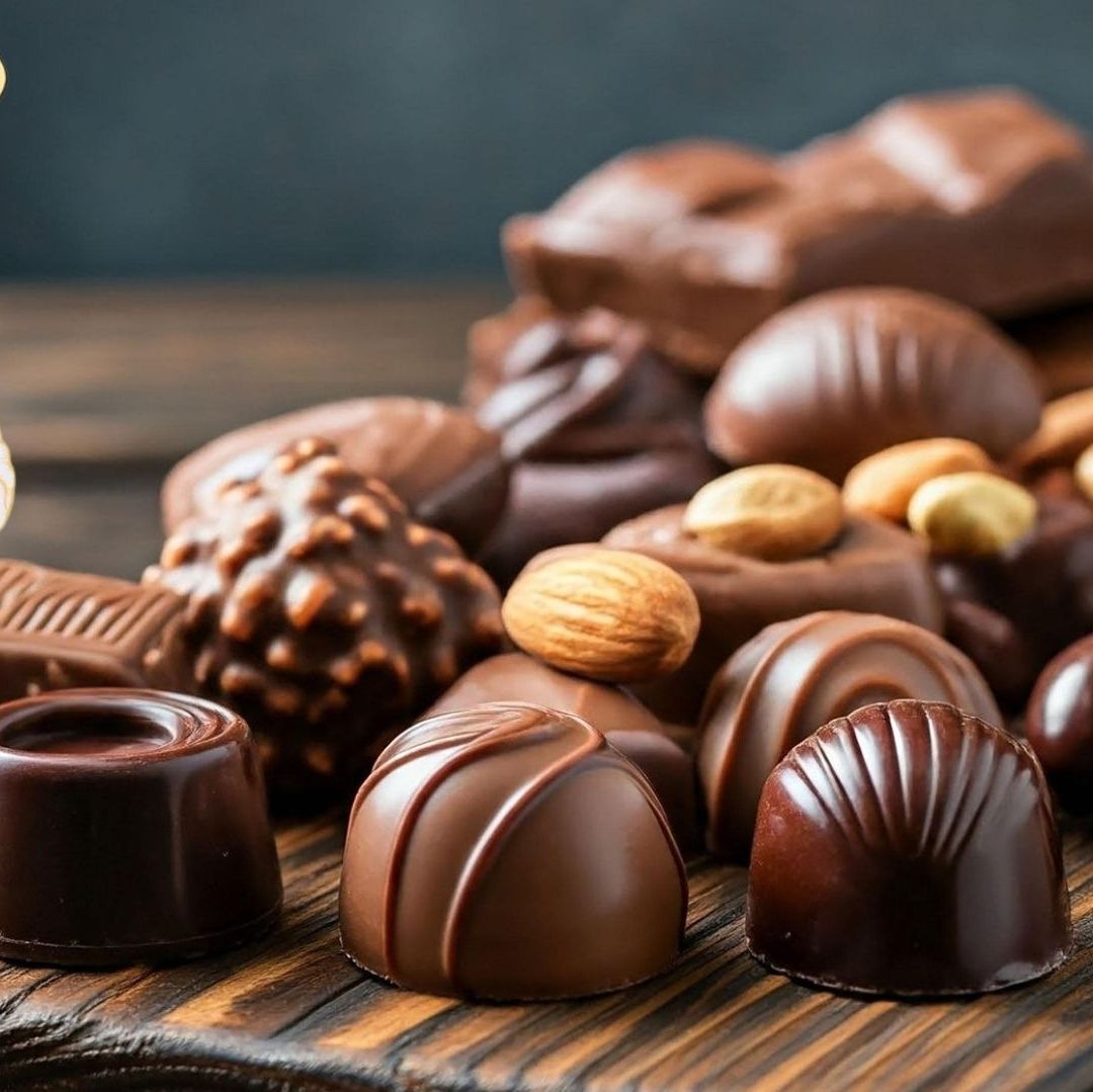 Chocolates oscuros y una ilustración de un cerebro con focos.