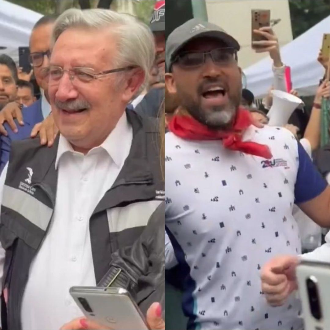 El ministro Aguilar fue bien recibido por los trabajadores en plantón. Foto Captura de pantalla