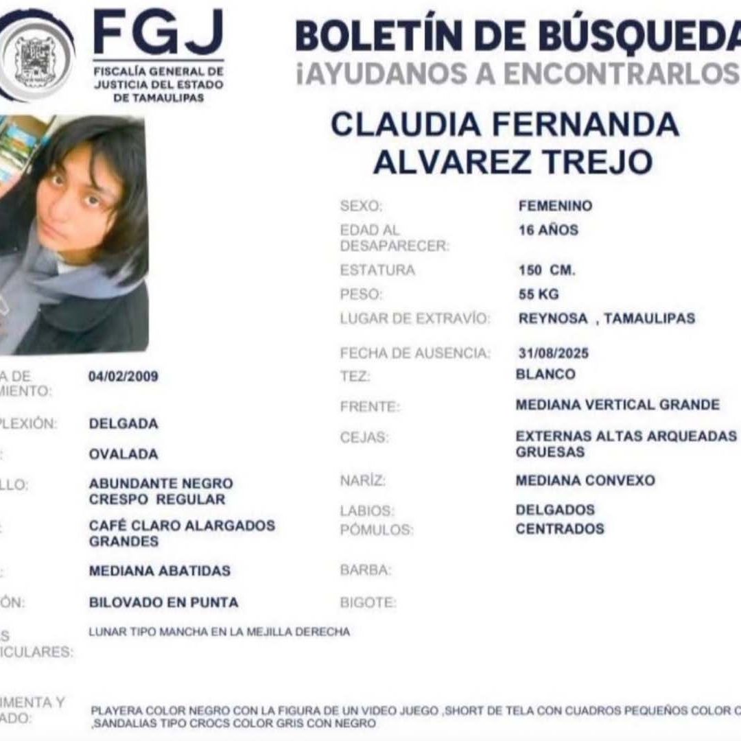 Piden Ayudan para Localizar a Claudia Álvarez, Menor Desaparecida en Reynosa