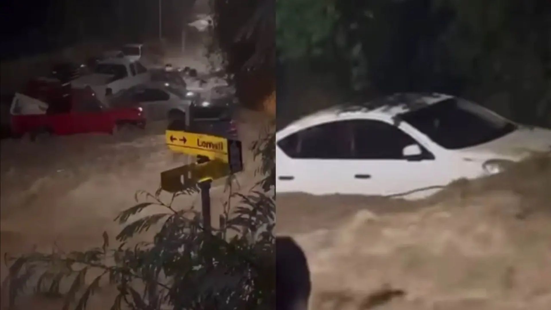 Carros arrastrados por corriente de lluvia en Santiago