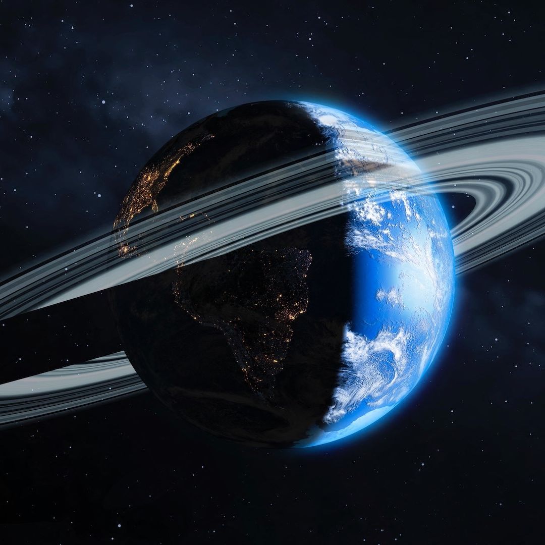 Ilustración artística del planeta Tierra con anillos