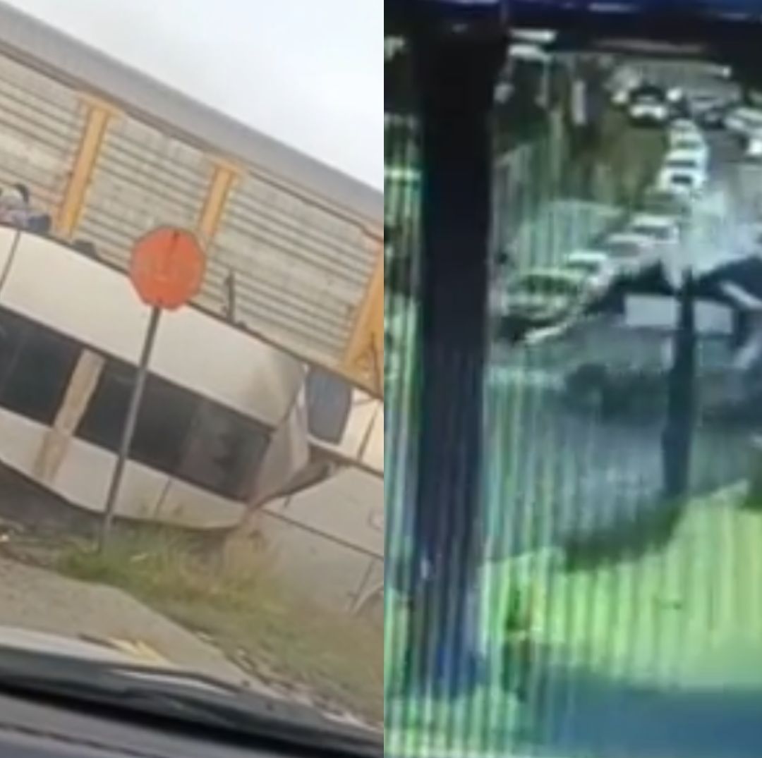 Un transporte público y un tren. Se muestra el choque entre ambos.