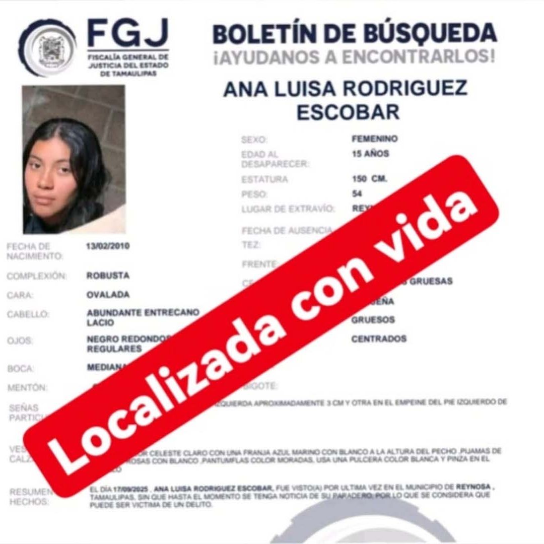 Localizan con Vida a Ana Luisa, Menor Desaparecida en Reynosa