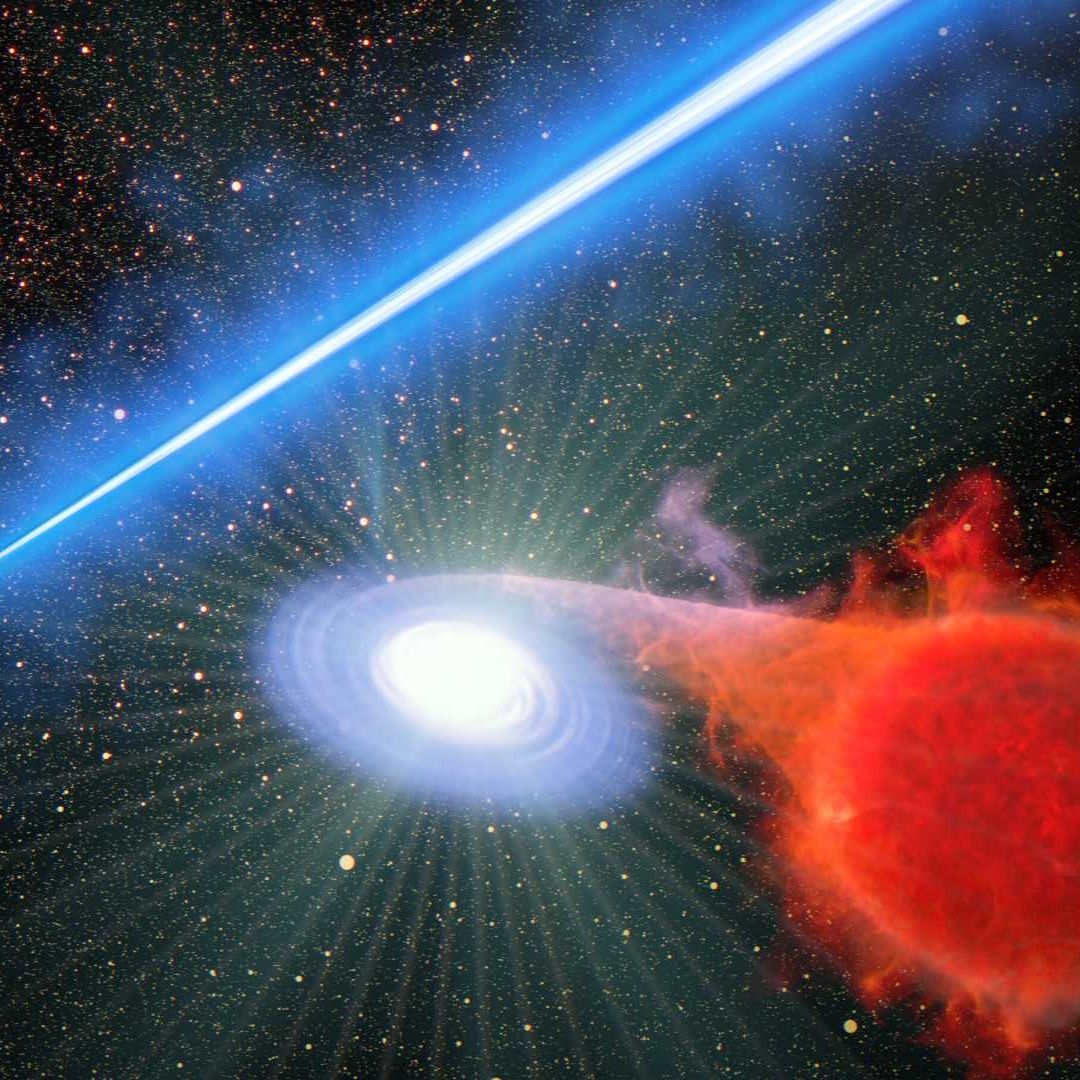 Ilustración artística de la galaxia M87 lanzando chorros de partículas