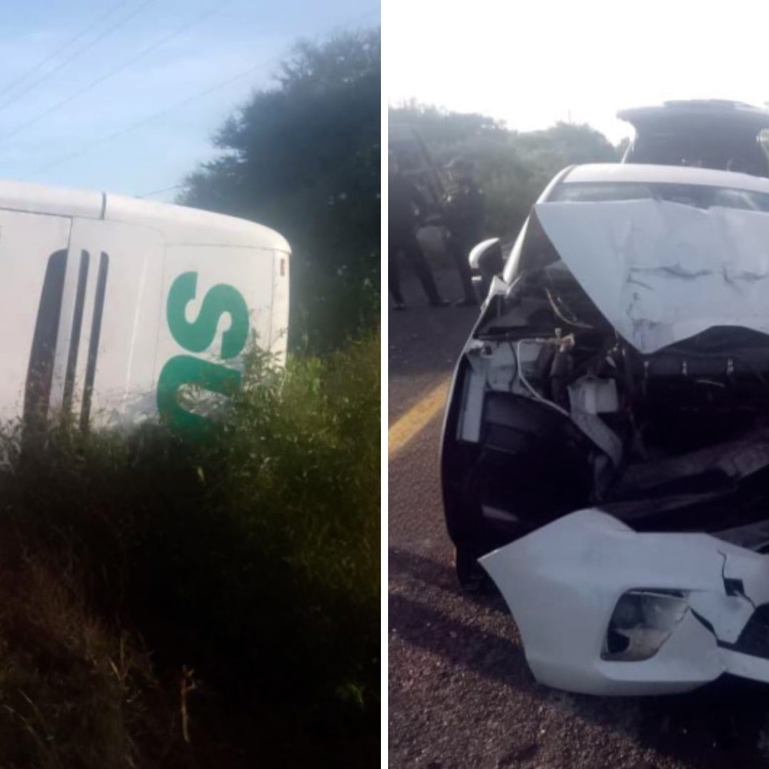 Autobús de pasajeros vuelca tras accidente contra automóvil en carretera federal de Puebla.