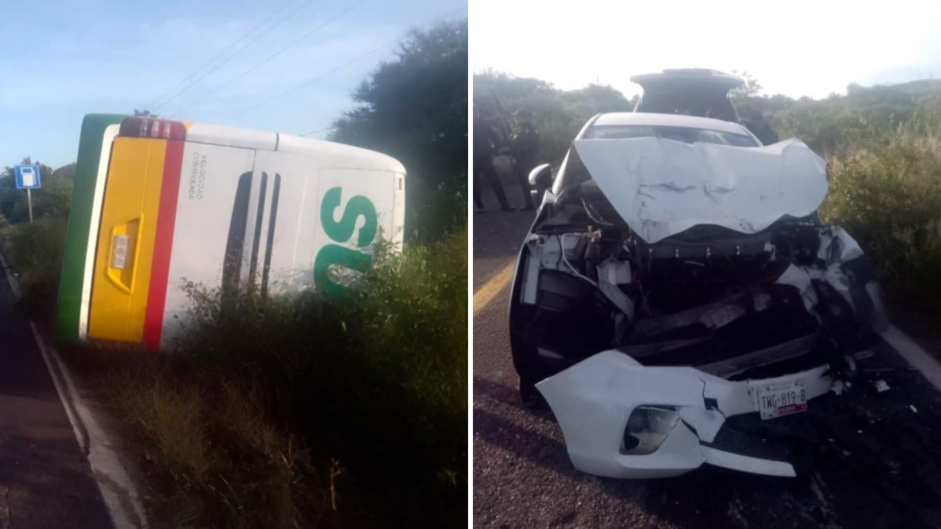 Autobús de pasajeros vuelca tras accidente contra automóvil en carretera federal de Puebla.