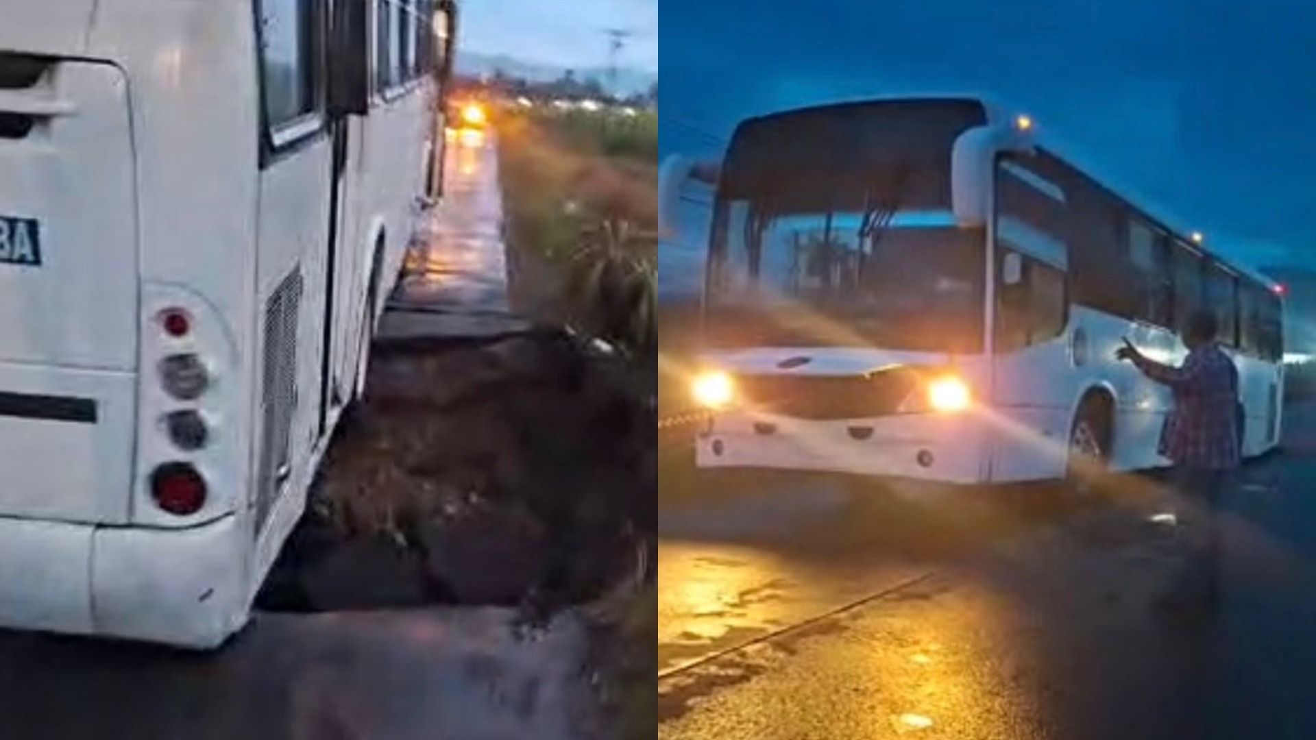 Este socavón provocó que un autobús de pasajeros quedara atrapado a la mitad de la vía de comunicación.
