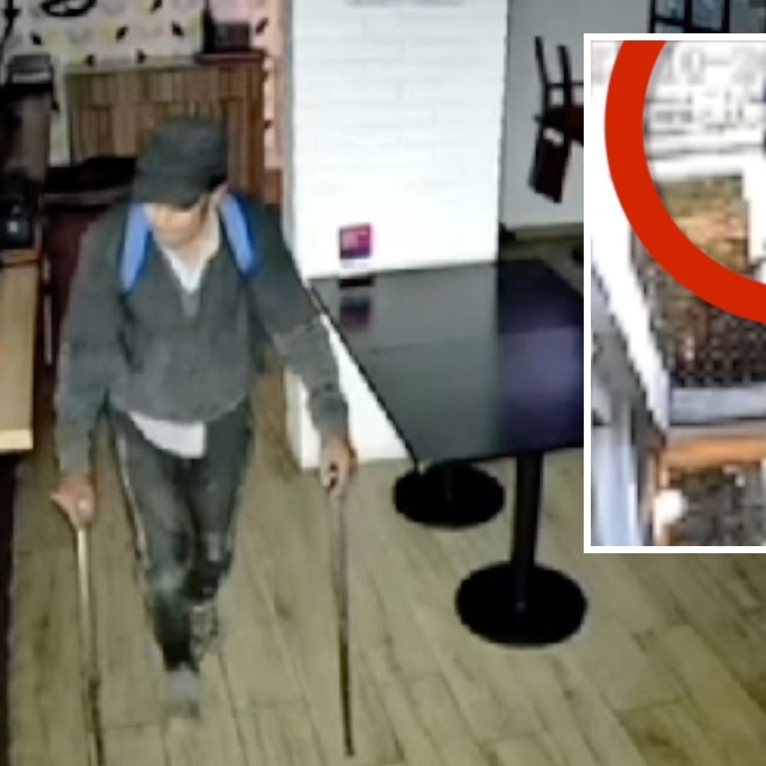 Hombre con bastones de discapacidad roba en restaurante Sofrito de Puebla.