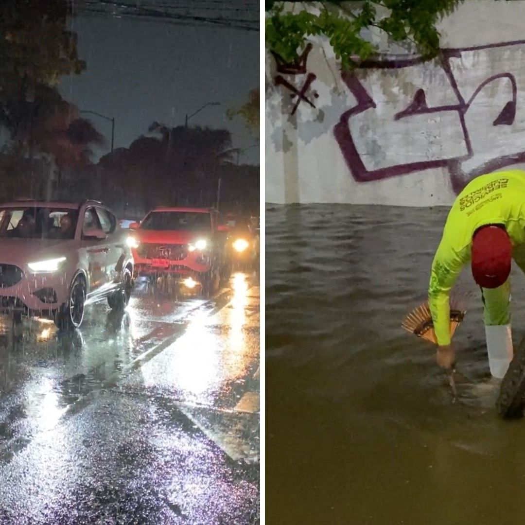 Autos Bajo la Lluvia Intensa y Un Hombre Destapando una Coladera en Cancún