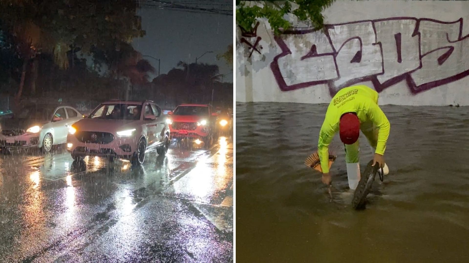 Autos Bajo la Lluvia Intensa y Un Hombre Destapando una Coladera en Cancún