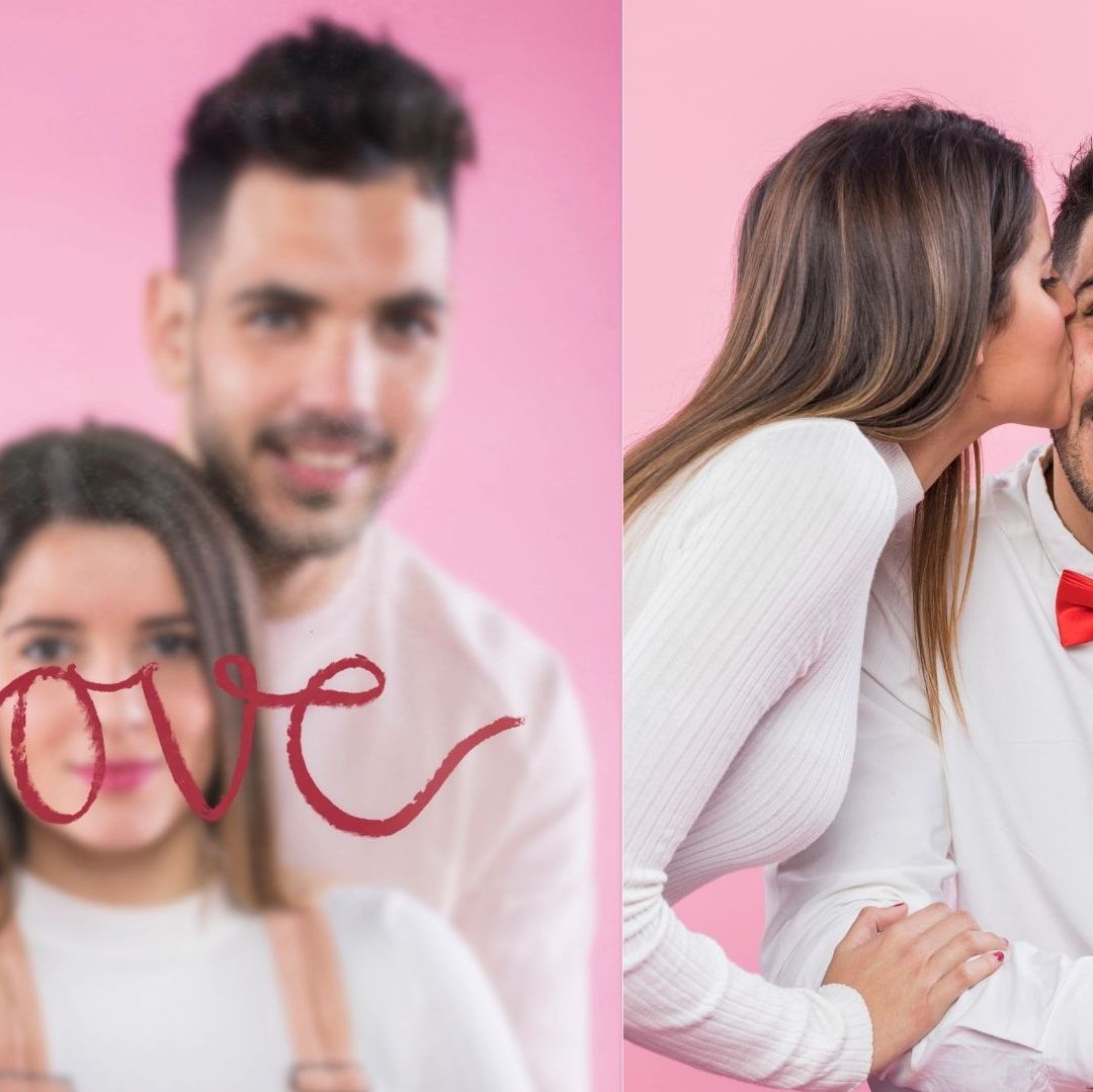 Dos novios felices, la chica le da un beso en la mejilla.