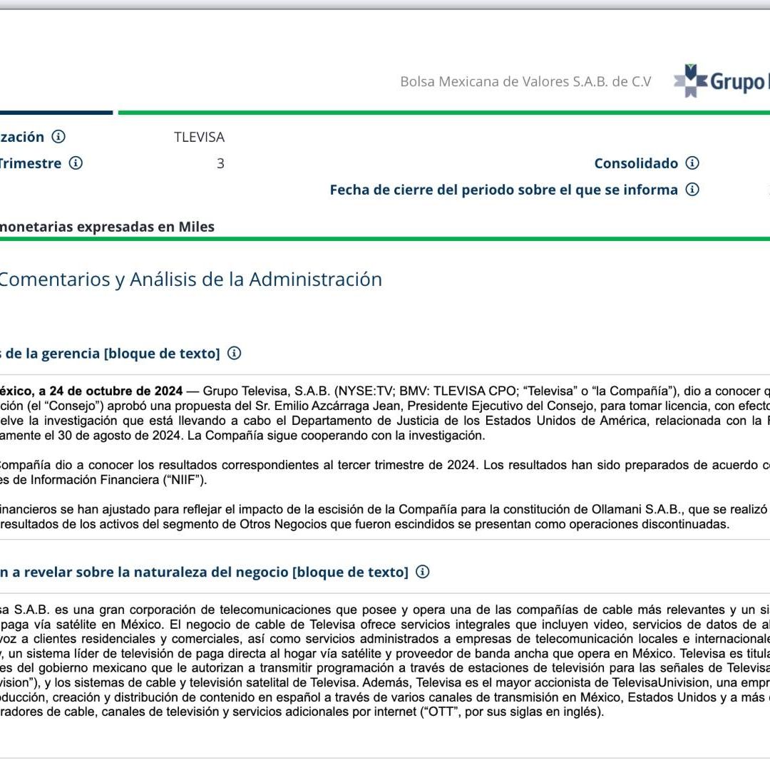 Televisa reportó los resultados del tercer trimestre a la Bolsa Mexicana de Valores.