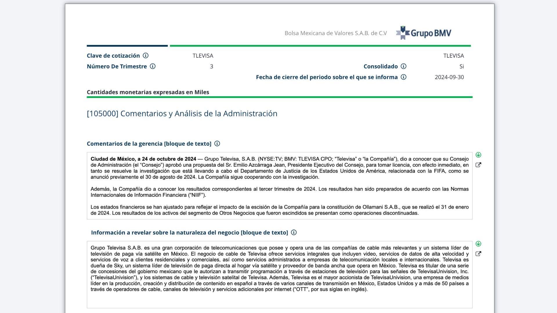 Televisa reportó los resultados del tercer trimestre a la Bolsa Mexicana de Valores.