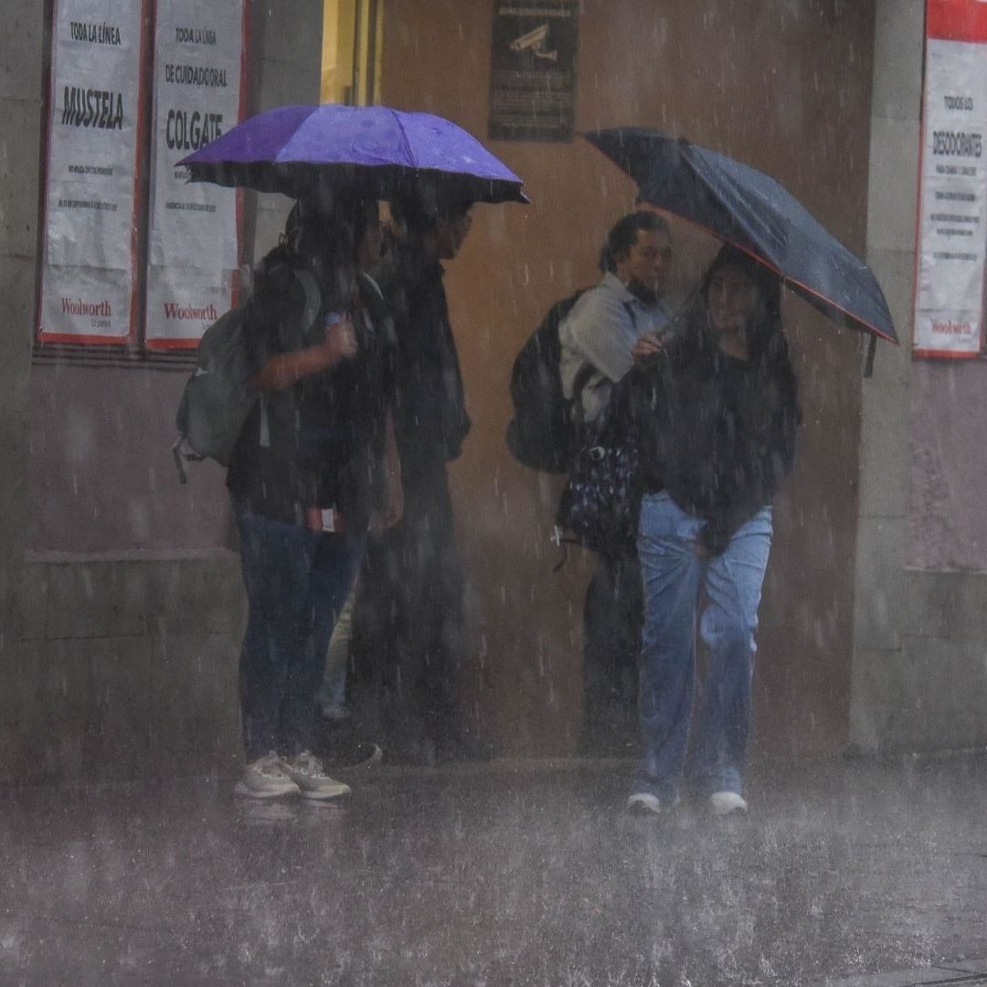personas se resguardan bajo paraguas de la lluvia
