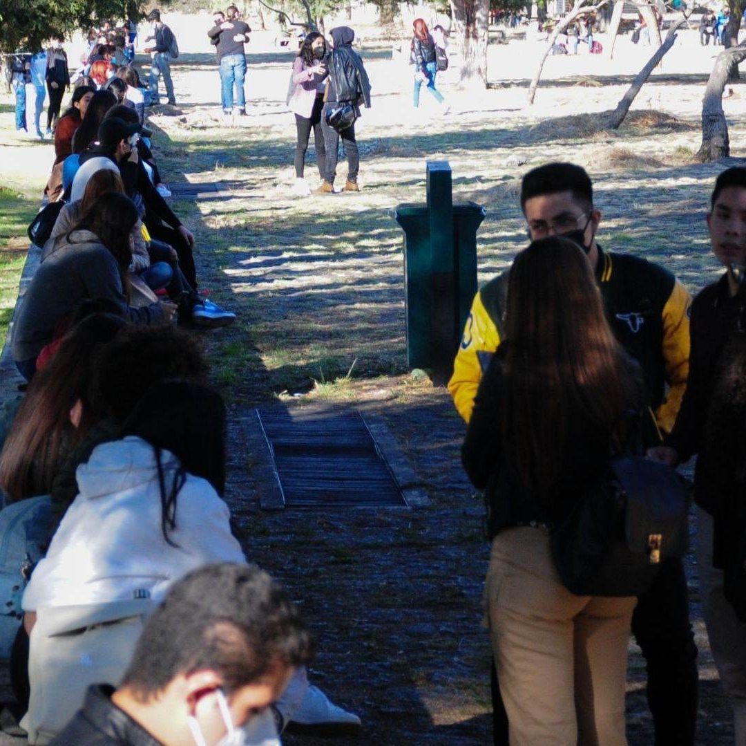 Estudiantes platican fuera en un espacio verde.