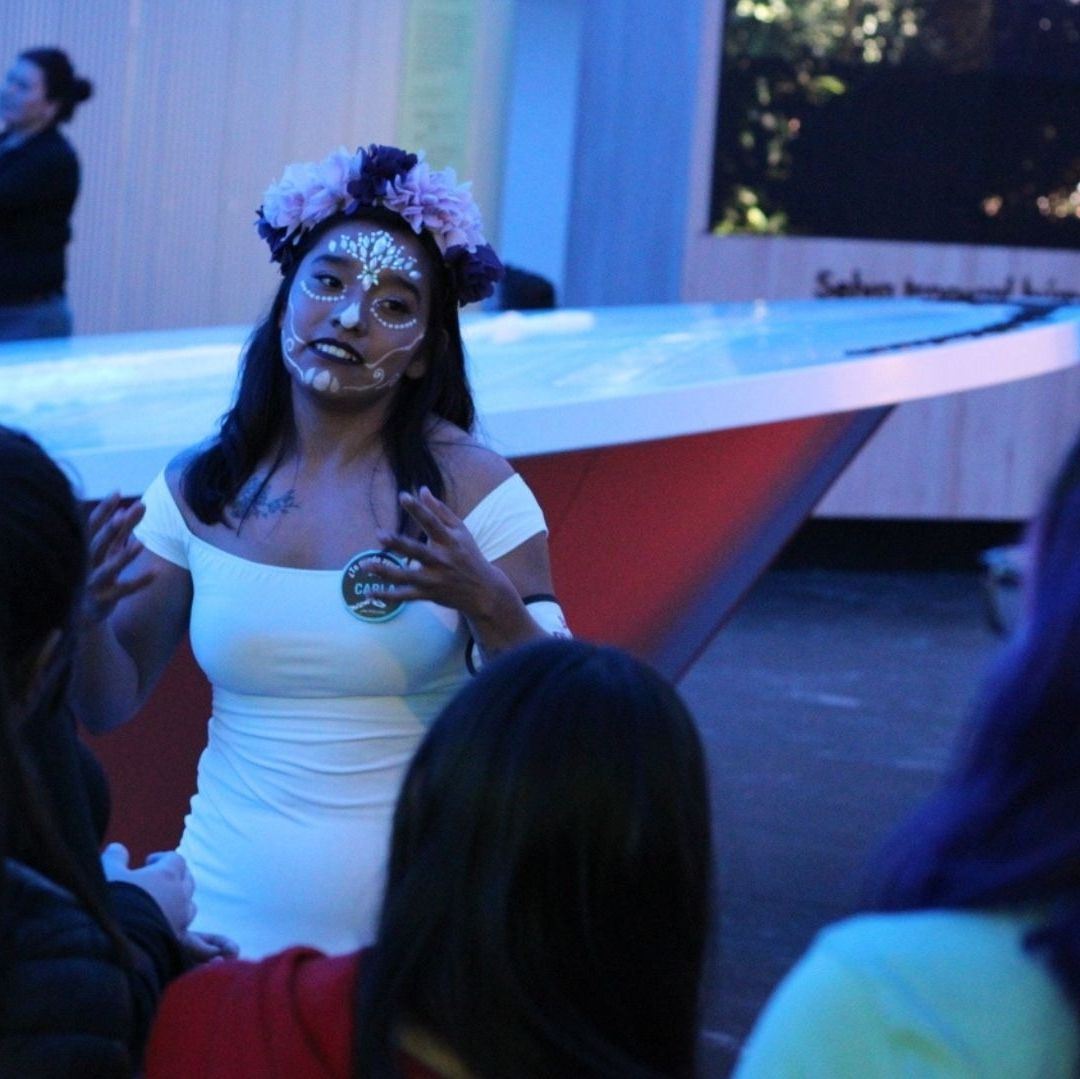 Una mujer vestida de blanco tiene la cara pintada y flores en la cabeza.