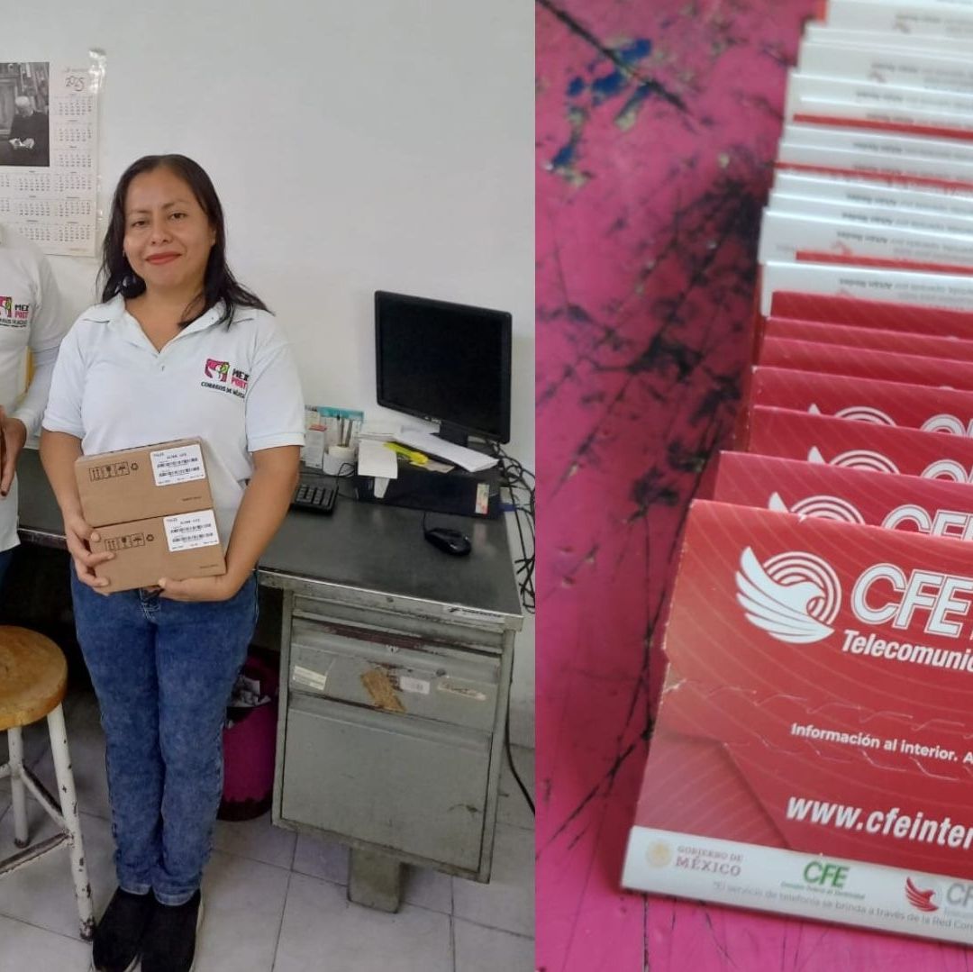 Dos personas cargan una caja y en la otra imagen hay varios sobres de color vino.