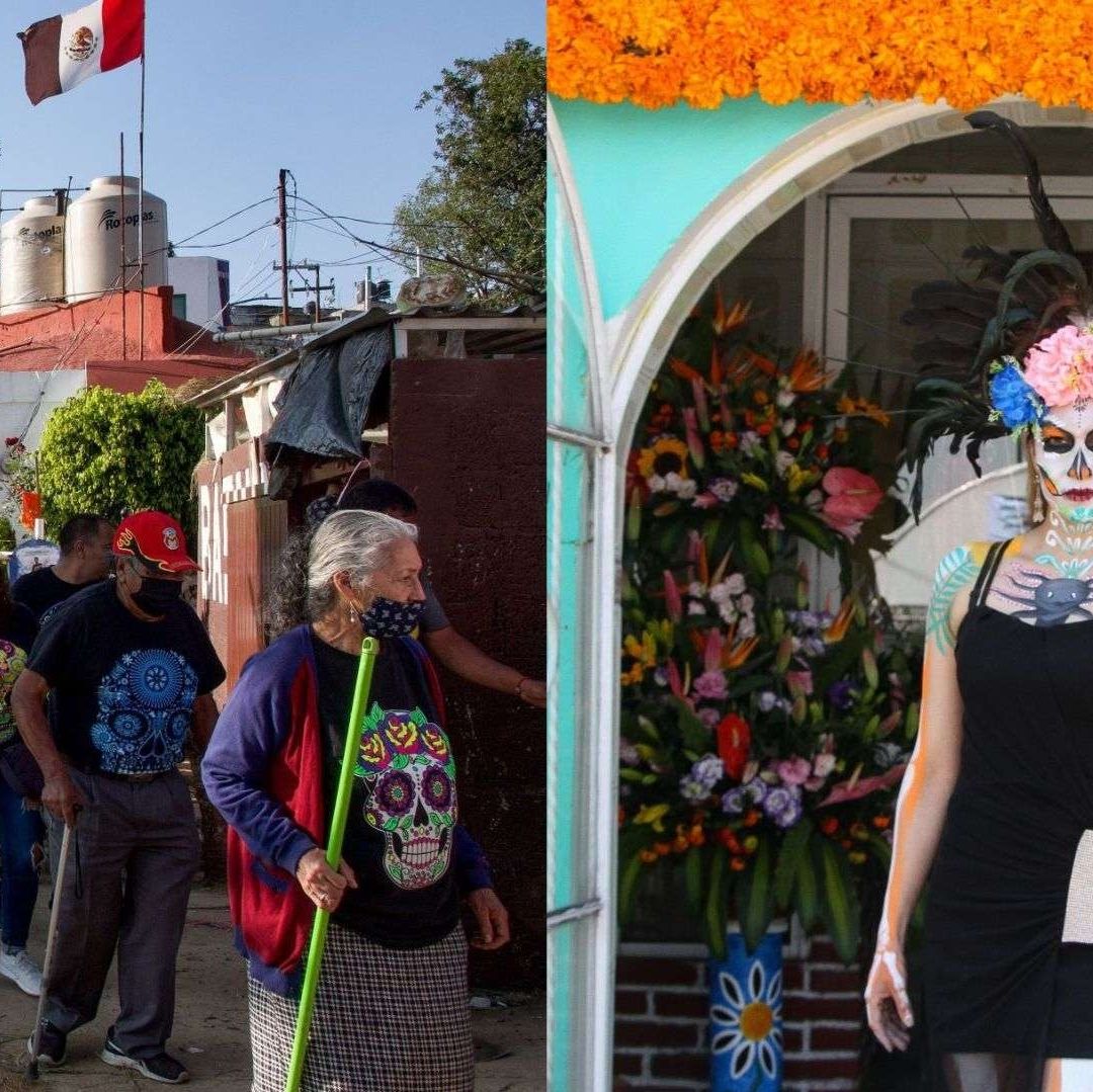 Personas en Día de Muertos visitan panteones.