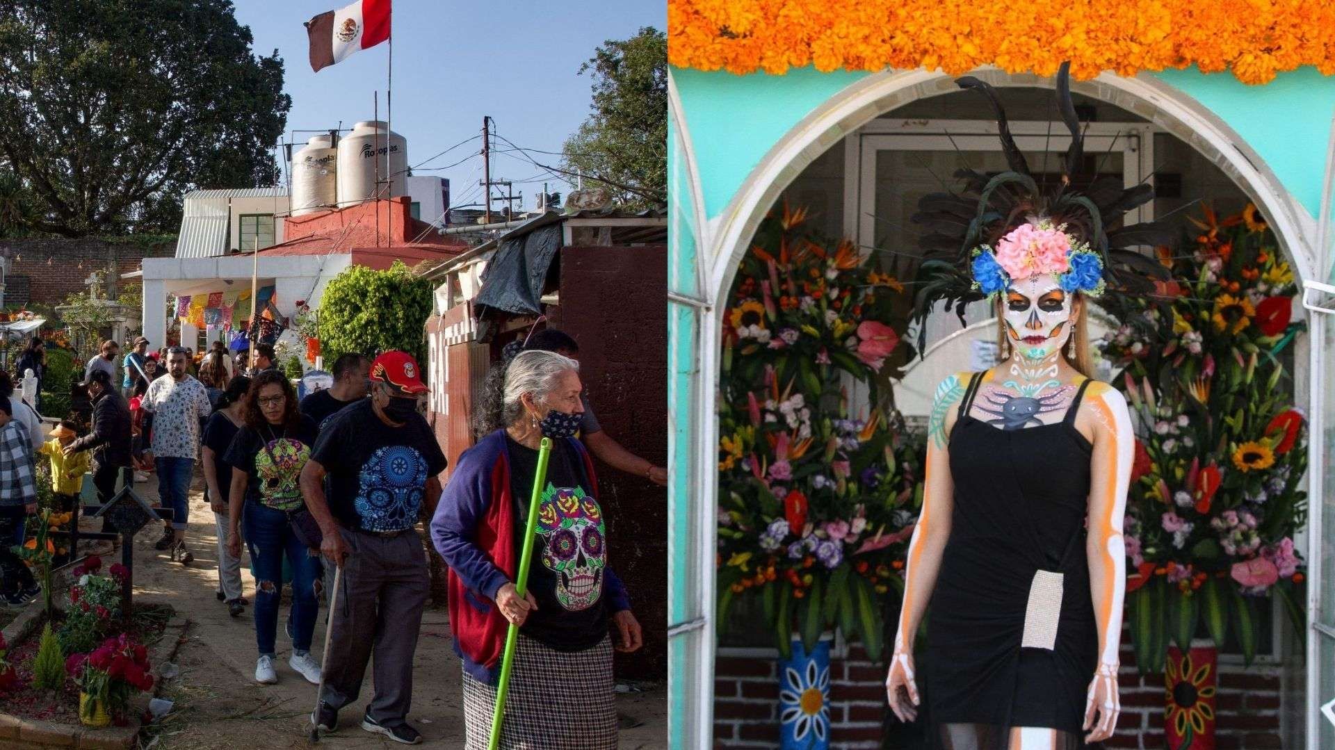 Personas en Día de Muertos visitan panteones.